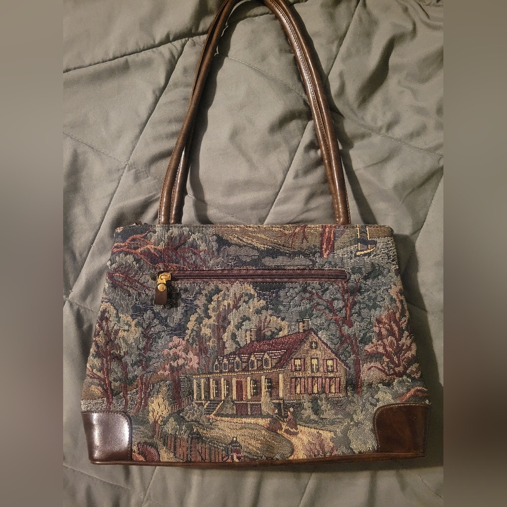 Tapestry Handbag with Brown Accents